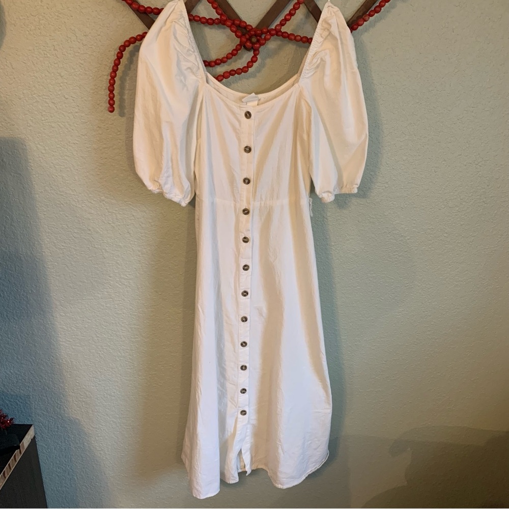 H&M Cream Short Puff Sleeve Creped Cotton Midi Dress xxs off the shoulder